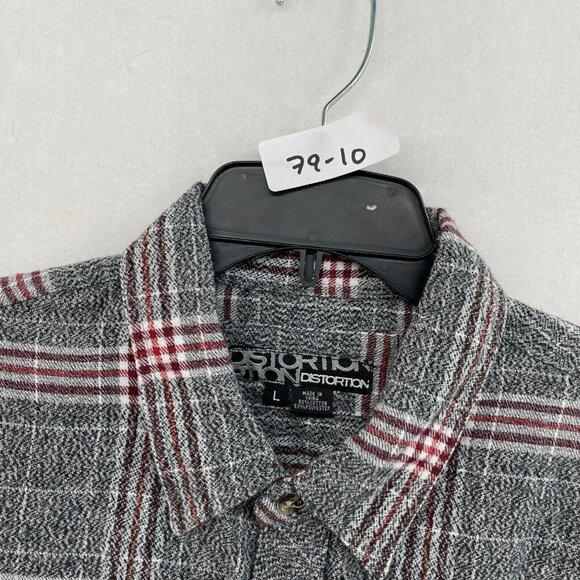 Distortion Button-Up Shirt Men's Sz L Gray Red Plaid Collared Chest Pockets - Picture 8 of 8